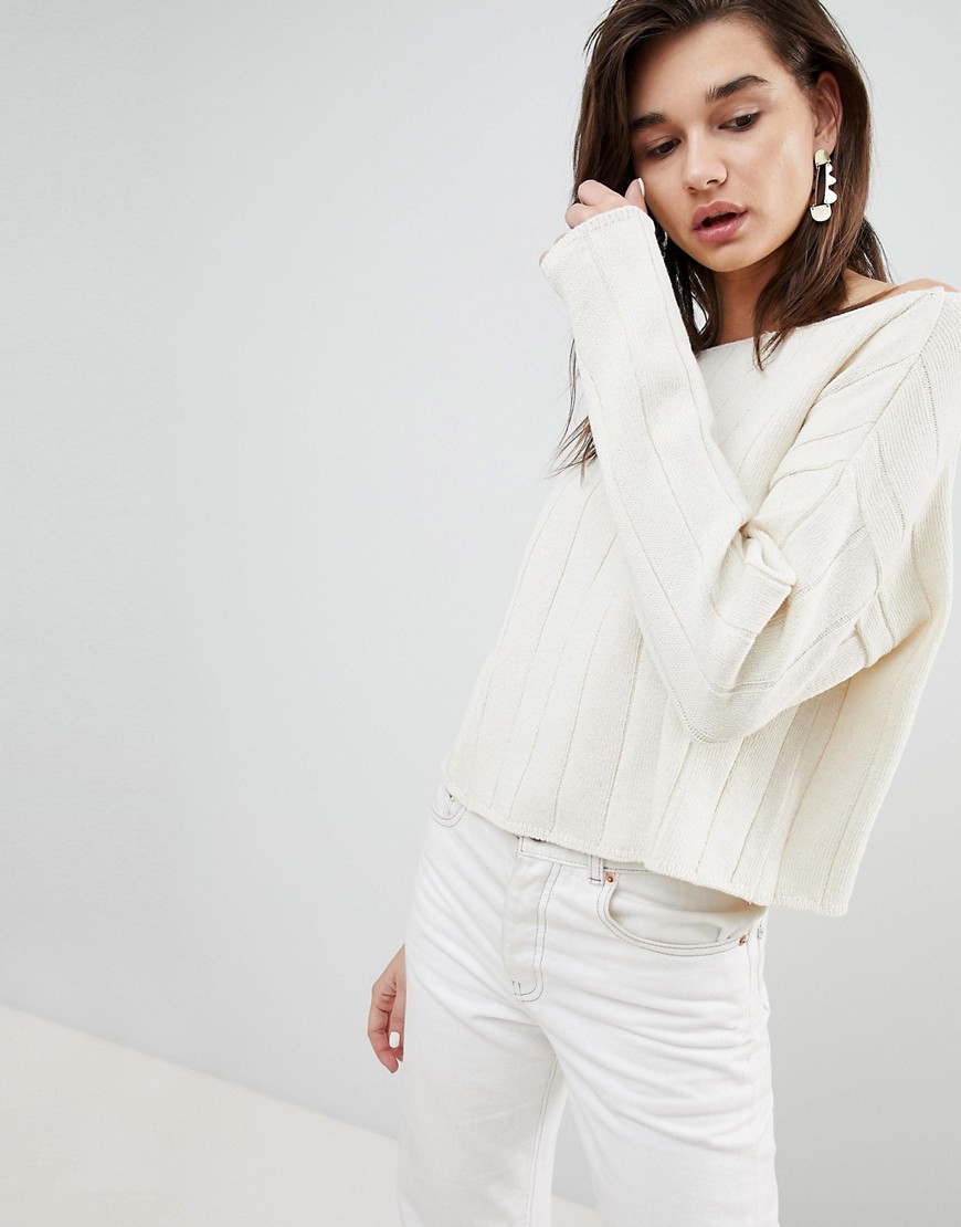 Asos Design Eco Off Shoulder Cropped Sweater In Oversized Rib - Cream In Neutral