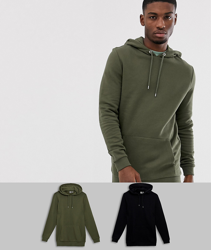 ASOS DESIGN longline hoodie 2 pack khaki/ black SAVE
