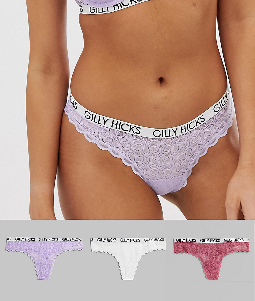 Gilly Hicks thong in daisy lace with logo tape 3 pack