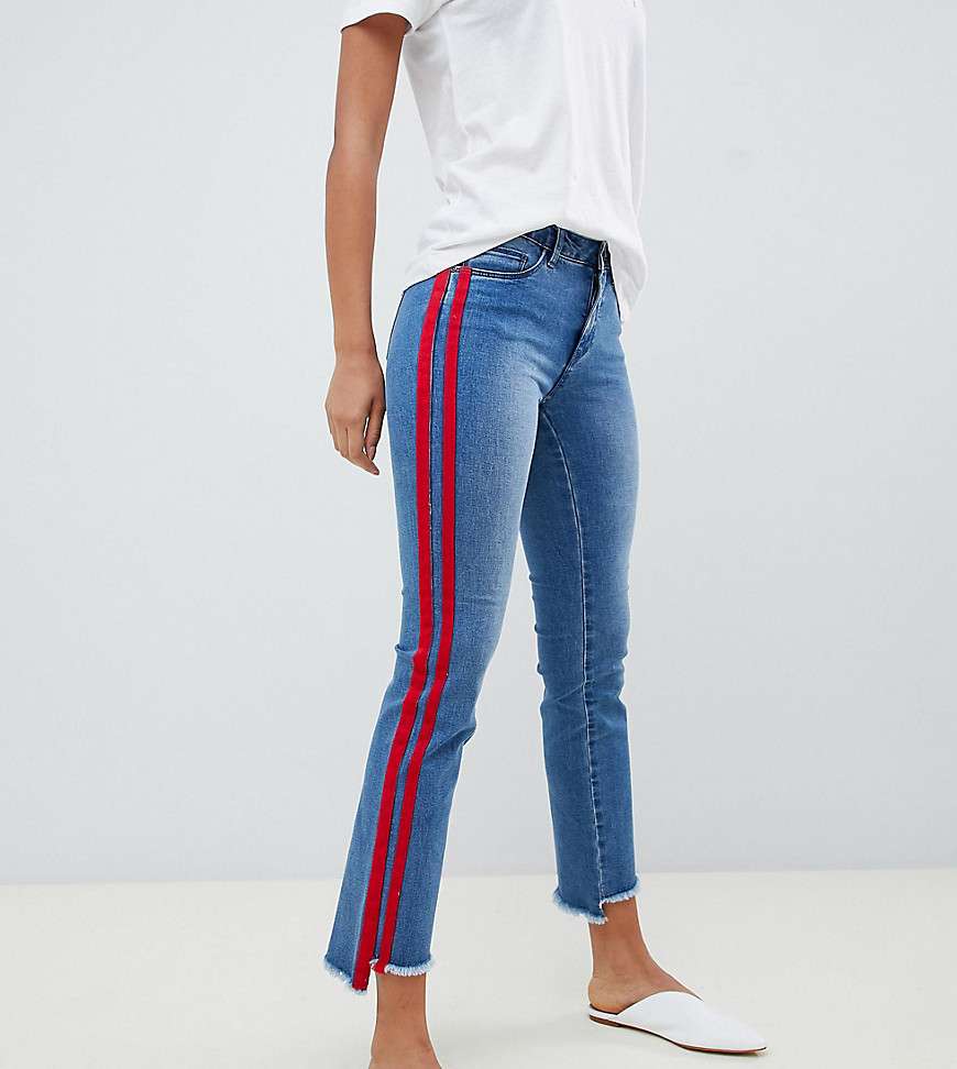 Only Tall straight leg crop jean with sports stripe in blue