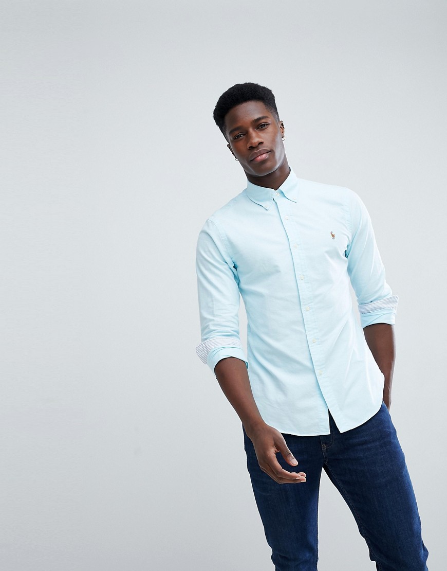 Polo Ralph Lauren Slim Fit Button Down Collar Oxford Shirt With Multi Polo Player Logo in Light Blue - Turquoise