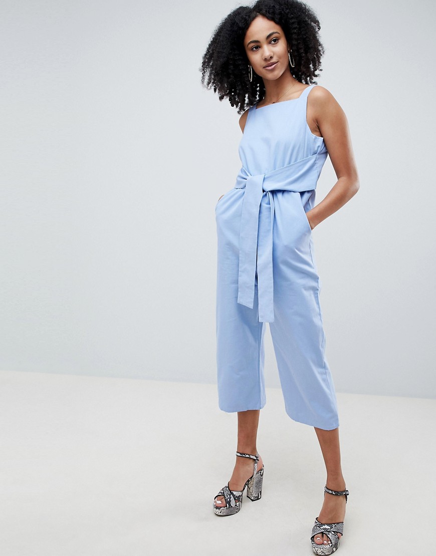 Lost Ink Sleeveless Jumpsuit With Tie Waist - Blue