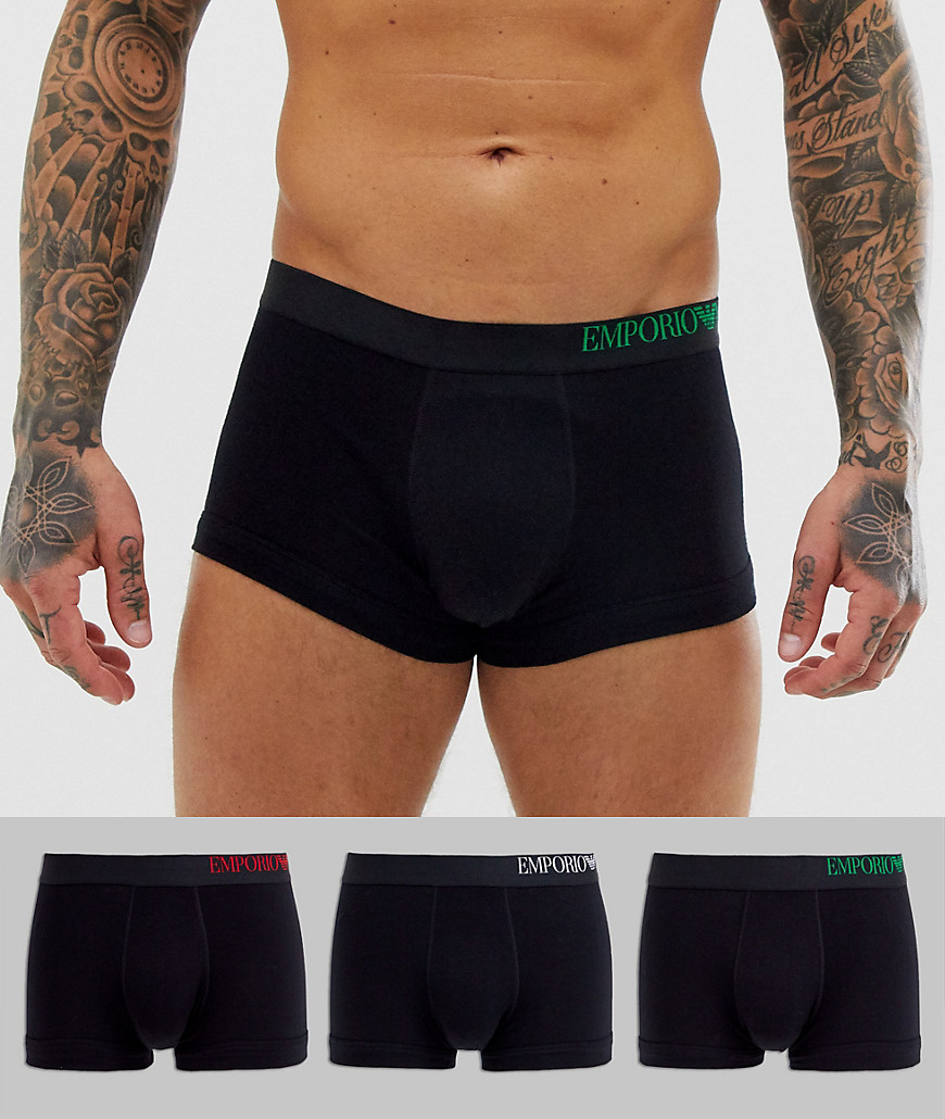 Emporio Armani 3 pack trunks with colour text waistband in black
