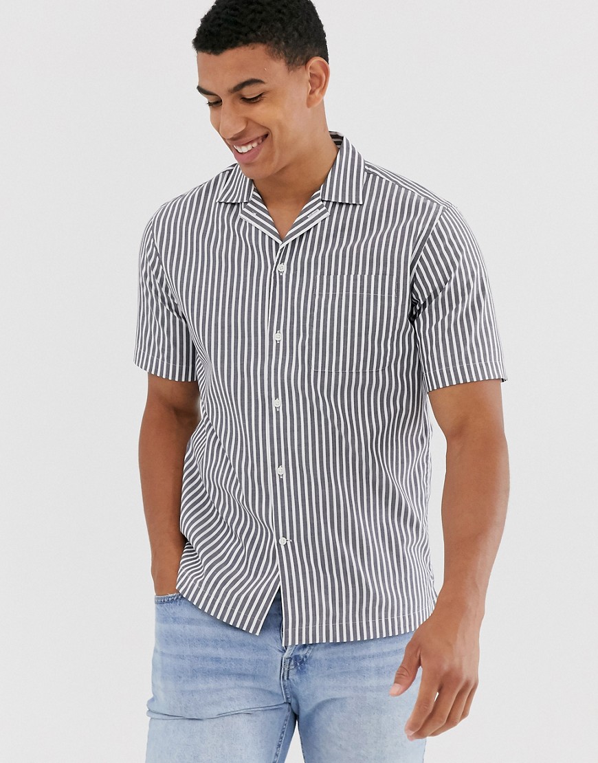 Jack & Jones Premium stripe revere collar short sleeve shirt in grey