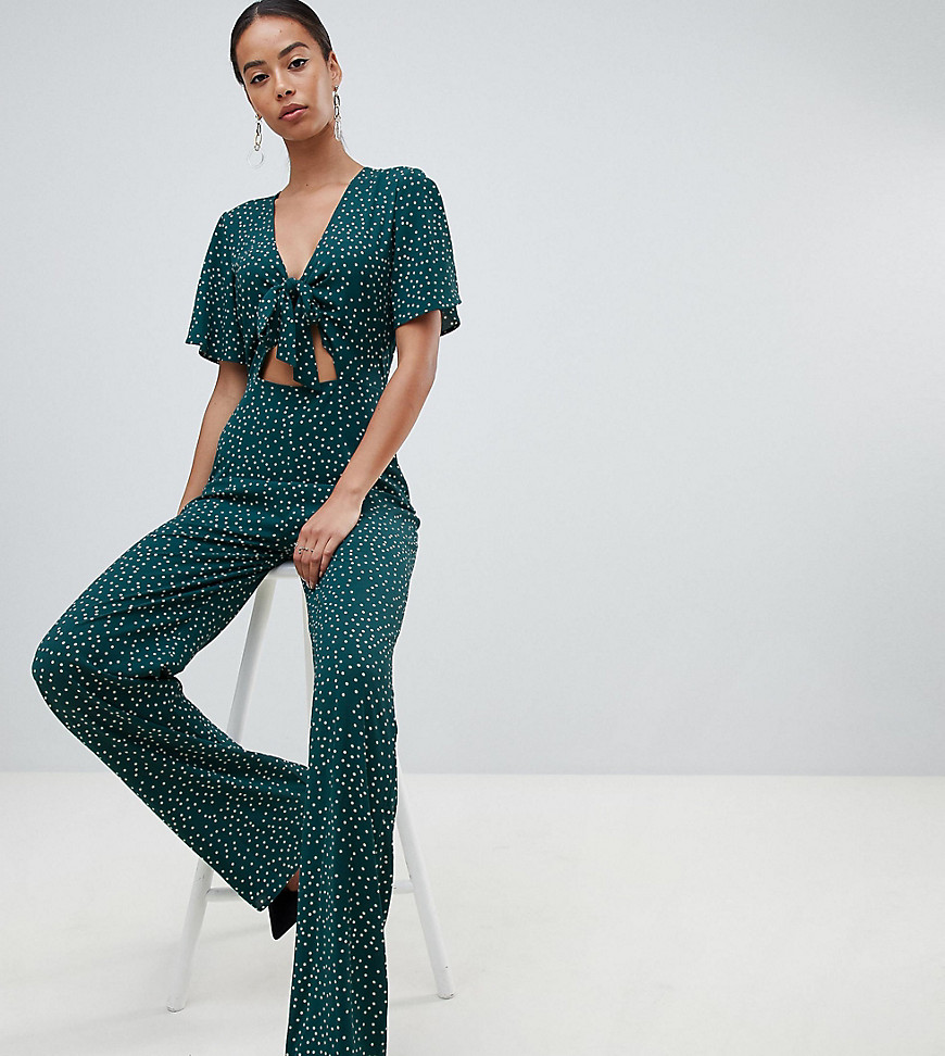 Fashion Union tall plunge front jumpsuit in spot print - Green spot