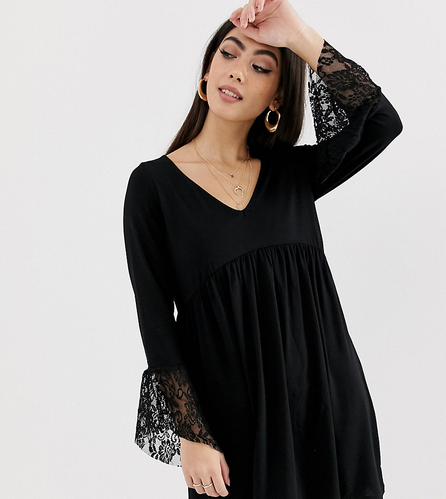 ASOS DESIGN Petite v neck swing dress with flared lace cuffs in black