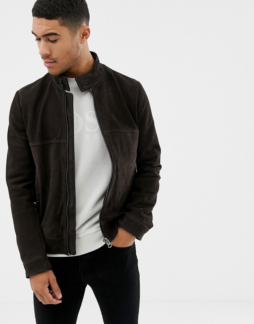 BOSS Perforated leather jacket in black