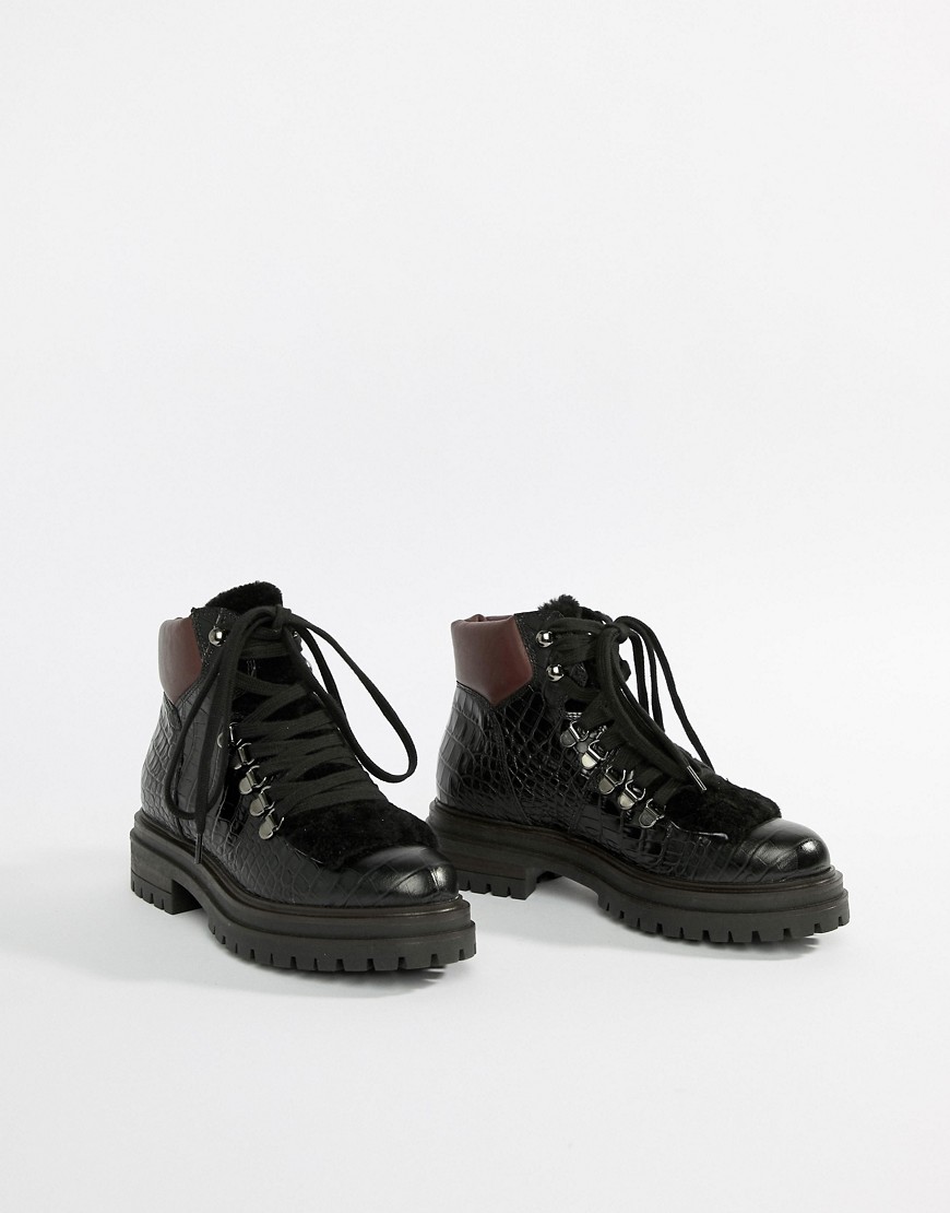 Kurt Geiger Regent black printed leather croc effect flat lace up ankle boots