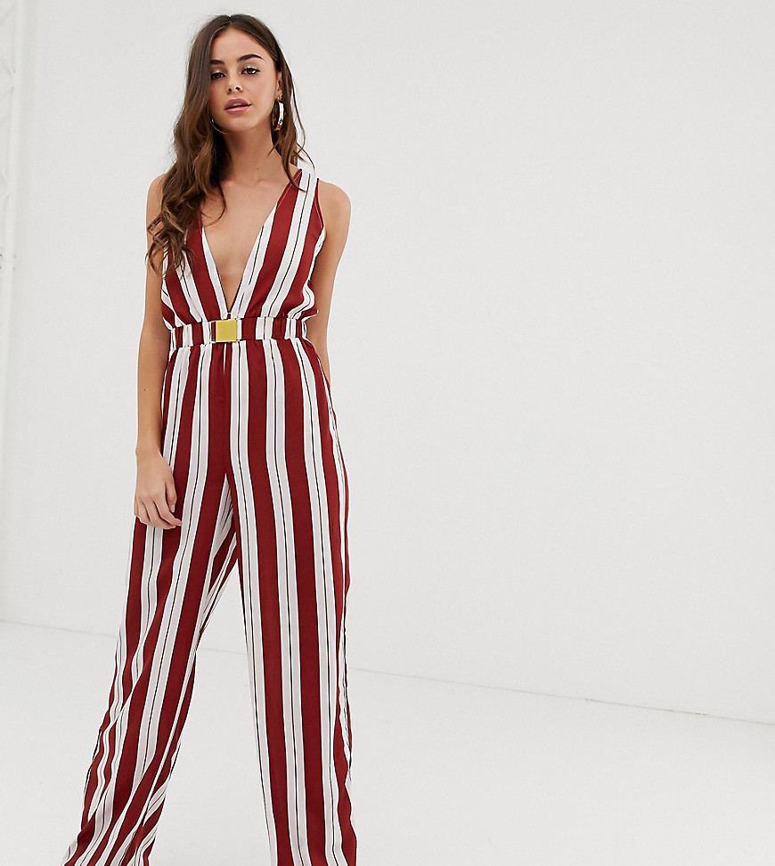 PrettyLittleThing belted jumpsuit in red and cream stripe