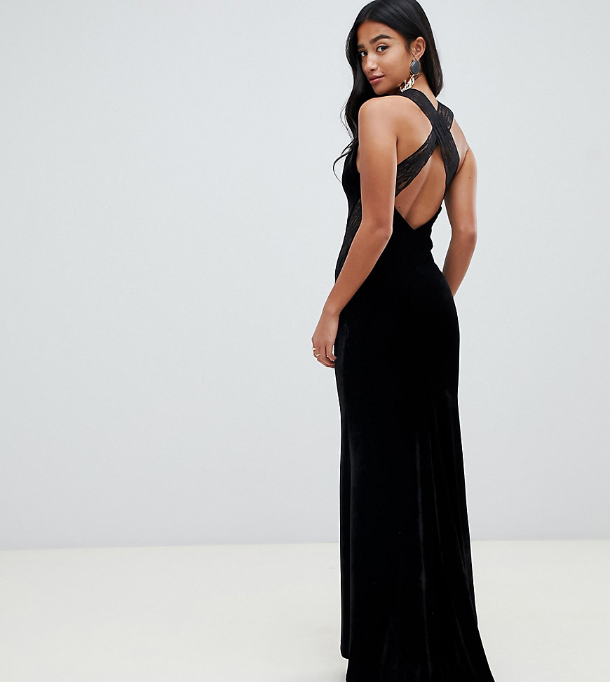 TFNC Petite velvet maxi dress with cross back and inserted lace in black
