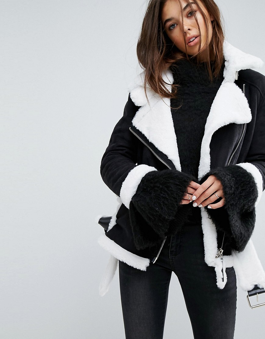 Story Of Lola Oversized Aviator Coat With Faux Shearling Lining