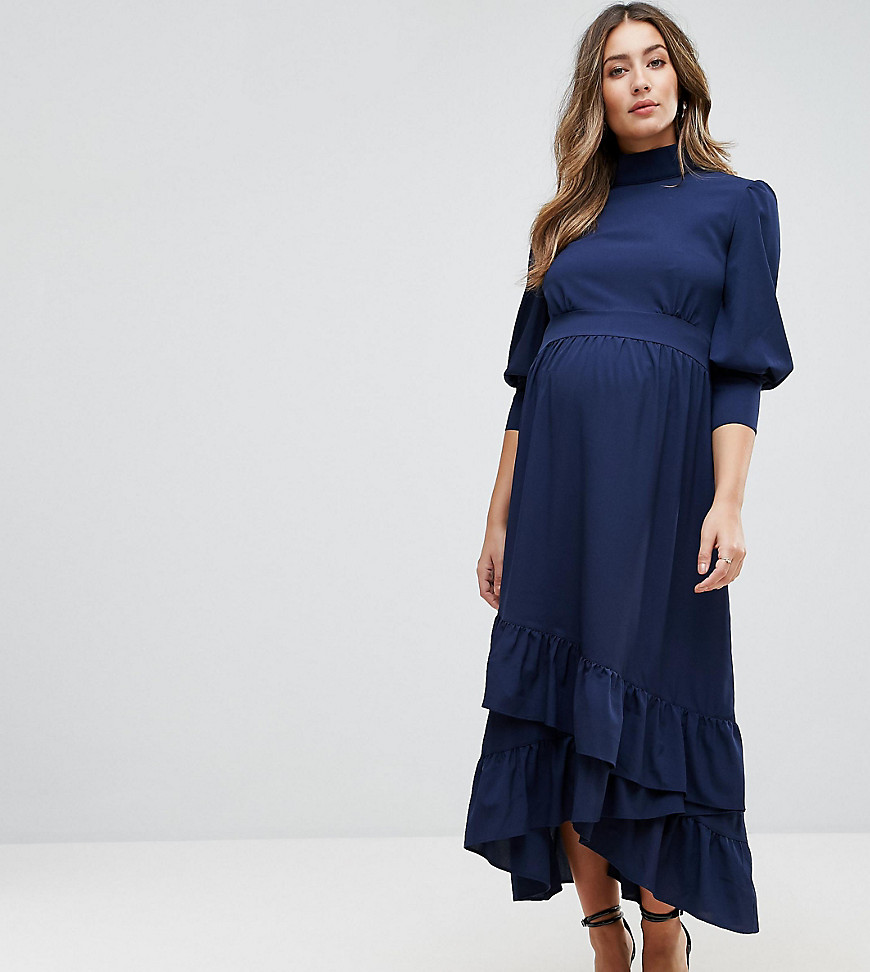GeBe Maternity Maxi Dress With Frill Detail - Navy