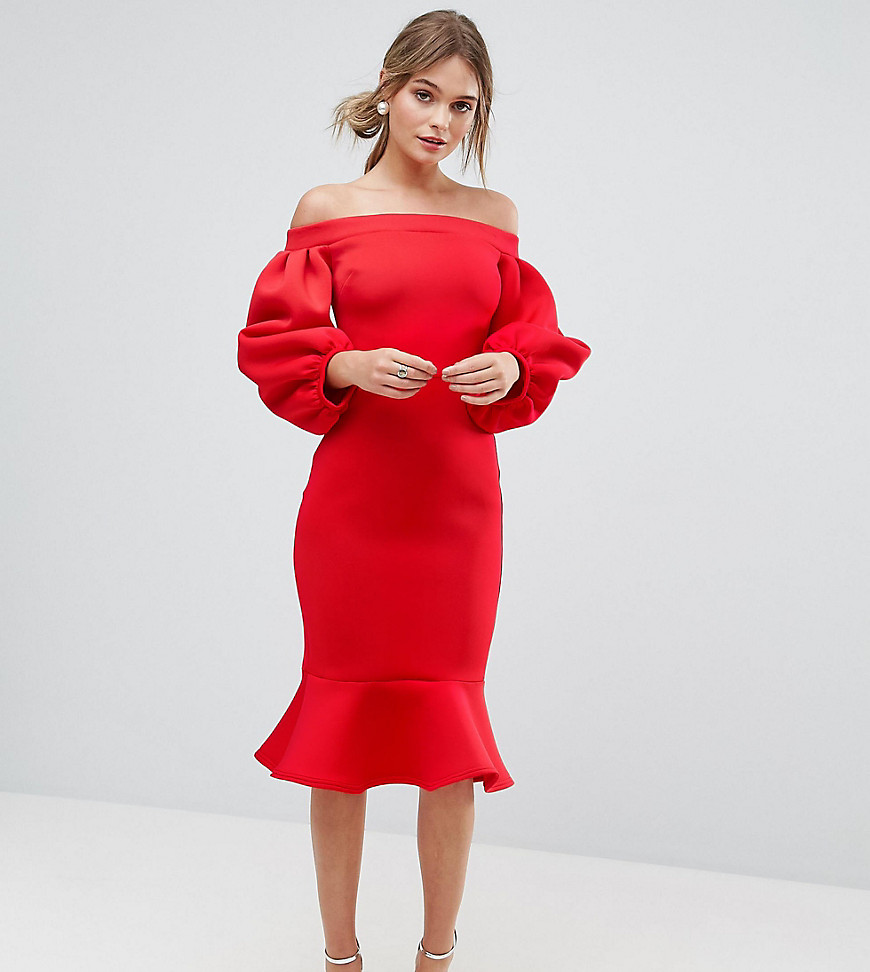 True Violet Balloon Sleeve Bodycon Dress With Pep Hem - Red