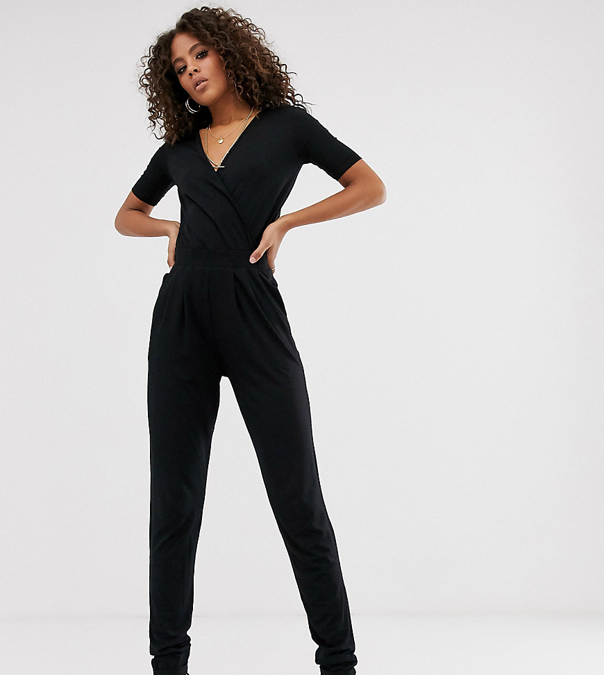 ASOS DESIGN tall wrap front jersey jumpsuit with short sleeve