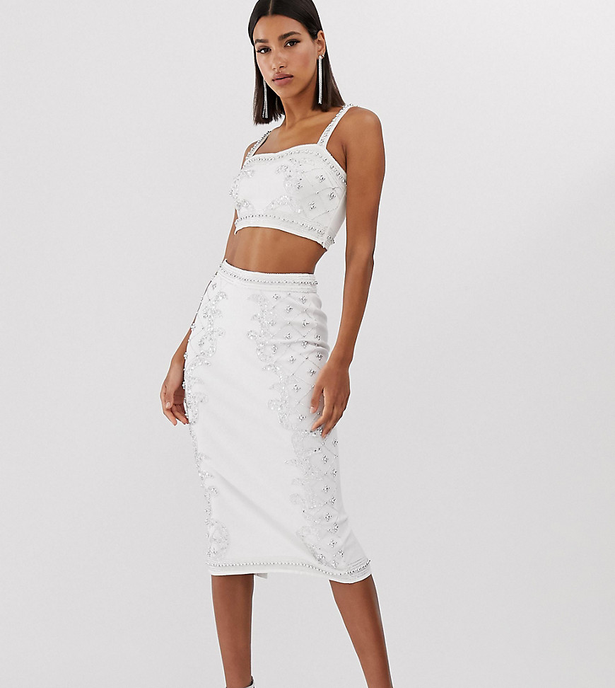 Starlet embellished pencil skirt in white and silver