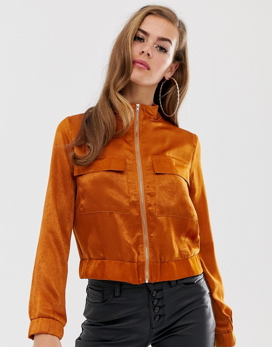 Boohoo exclusive satin pocket front jacket in rust
