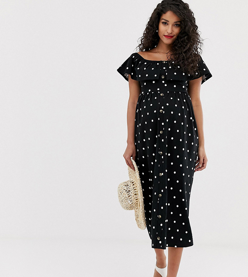 ASOS DESIGN Maternity midi button through sundress with tiered skirt in spot print