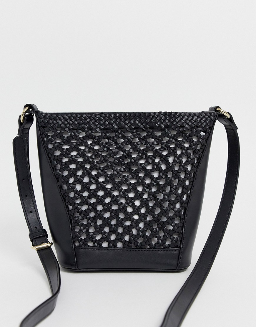 Asos Design Leather Woven Bucket Bag-black