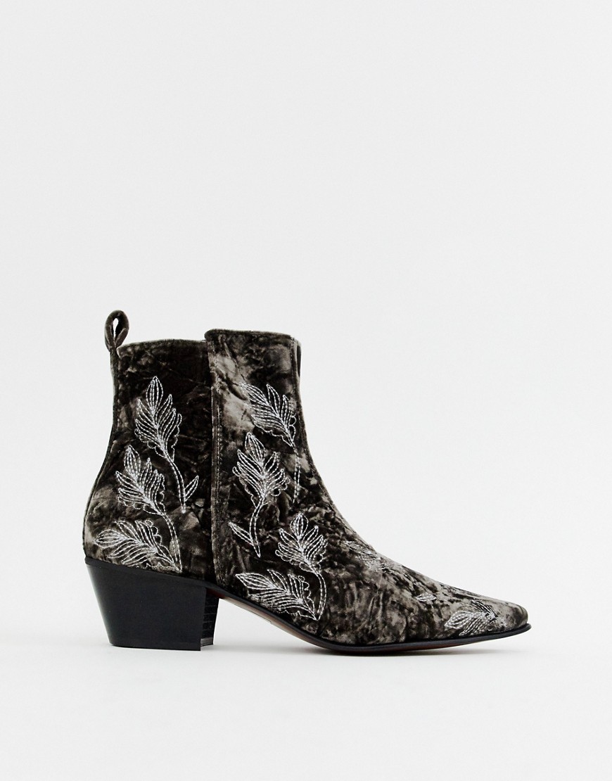 ASOS EDITION cuban heel boots in grey velvet with embroidery
