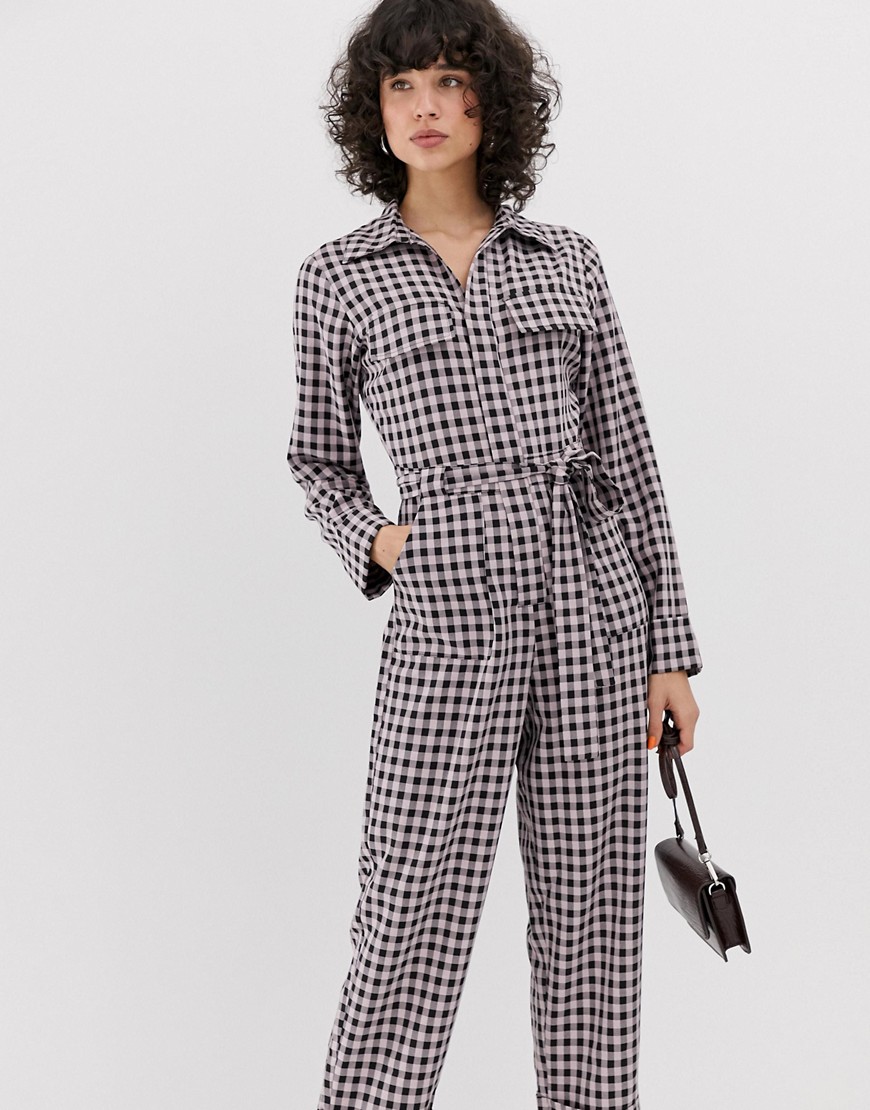 Lost Ink boiler suit with belted waist in check