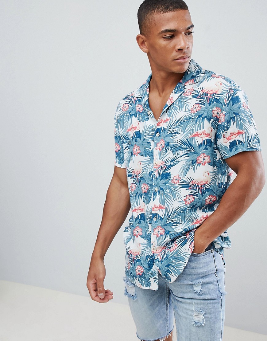 Urban Threads Flamingo Print Revere Collar Shirt - White