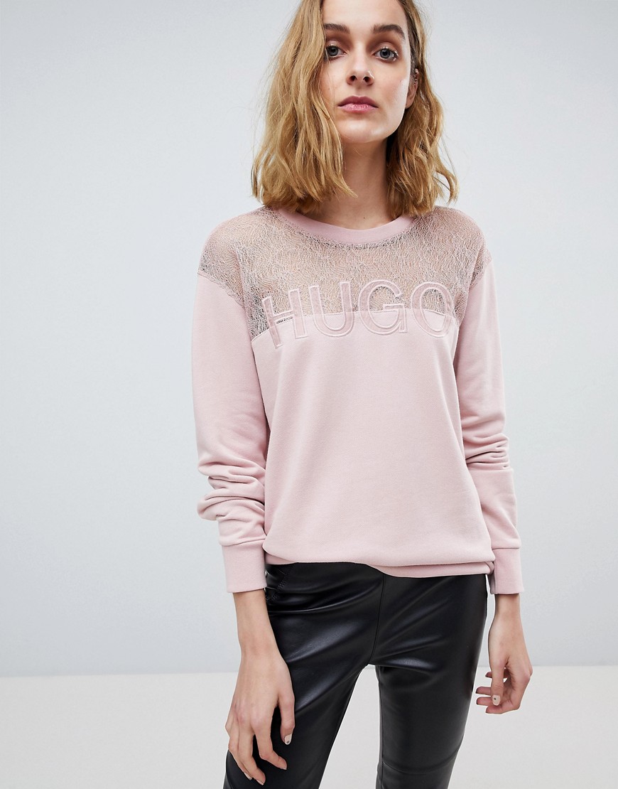 HUGO Signature Sweater with Lace Panel - Light/pastel pink