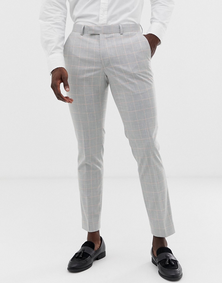 Moss London slim suit trouser in grey windowpane check with stretch