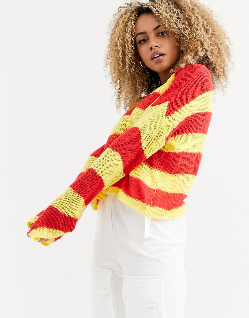 The Ragged Priest loose knit stripe jumper in red and yellow