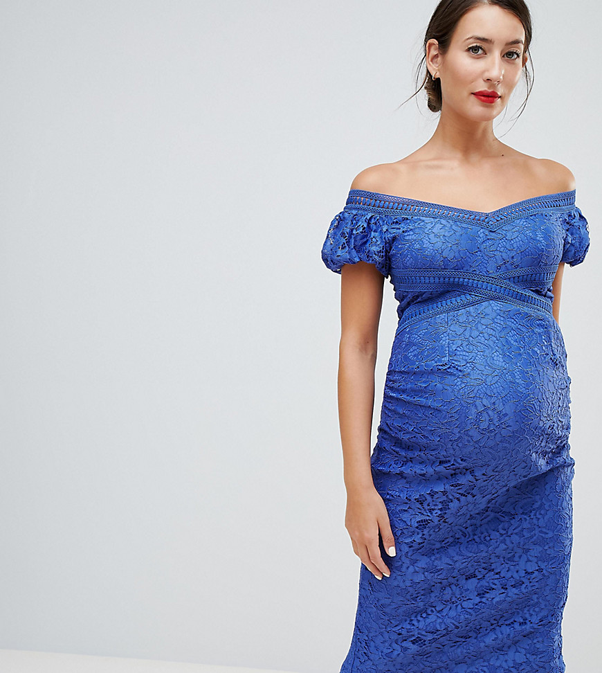 Little Mistress Maternity off shoulder lace pencil midi dress - Azure blue