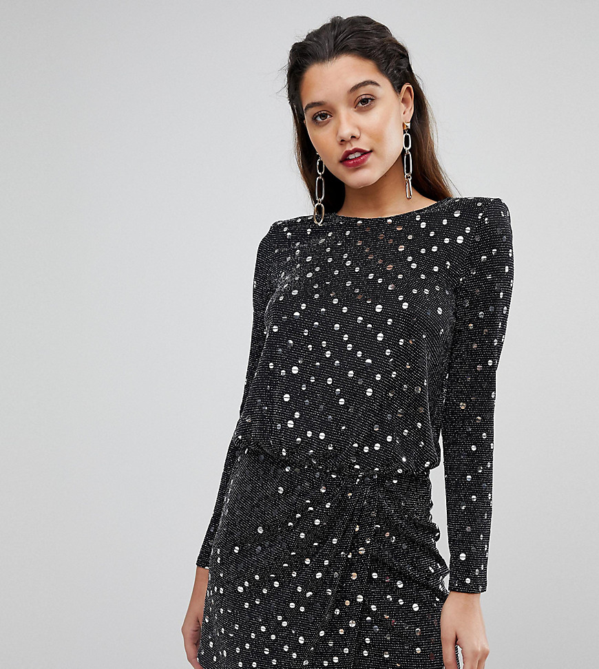 Flounce London sequin mini dress with shoulder pads in black and silver