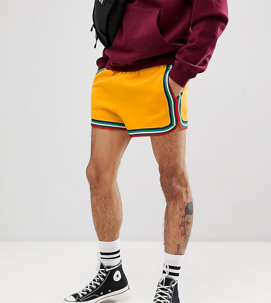 Reclaimed Vintage inspired retro jersey short with rainbow stripe - Yellow