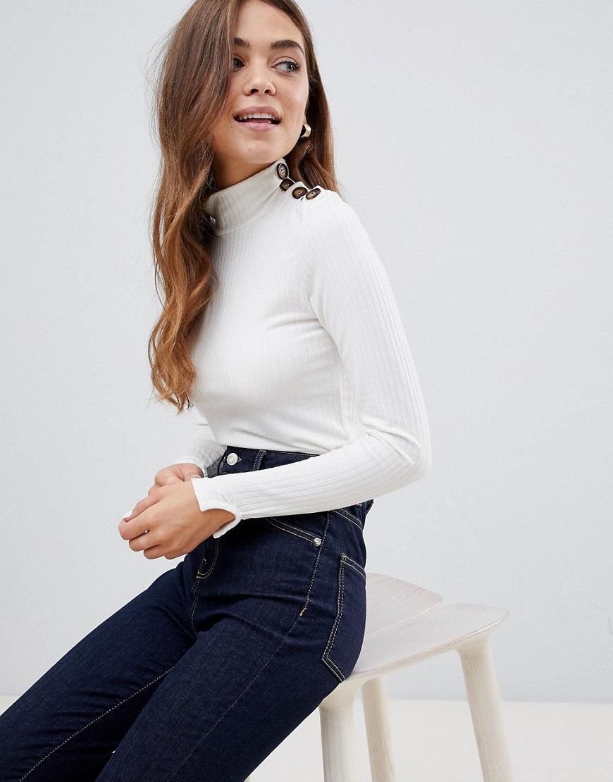 Pimkie jersey ribbed high neck button detail top