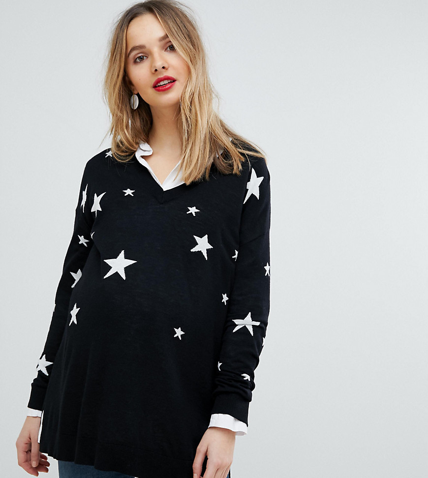 Isabella Oliver V Neck Knitted Jumper In All Over Star Print - Black/white