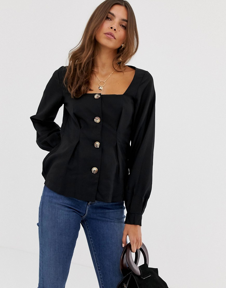 ASOS DESIGN square neck button through long sleeve top with pleat detail