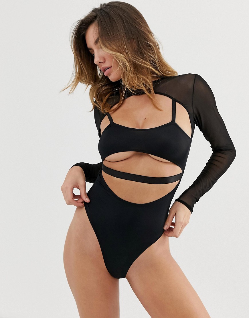 ASOS DESIGN Louanna long sleeve mesh cut out strappy bodysuit