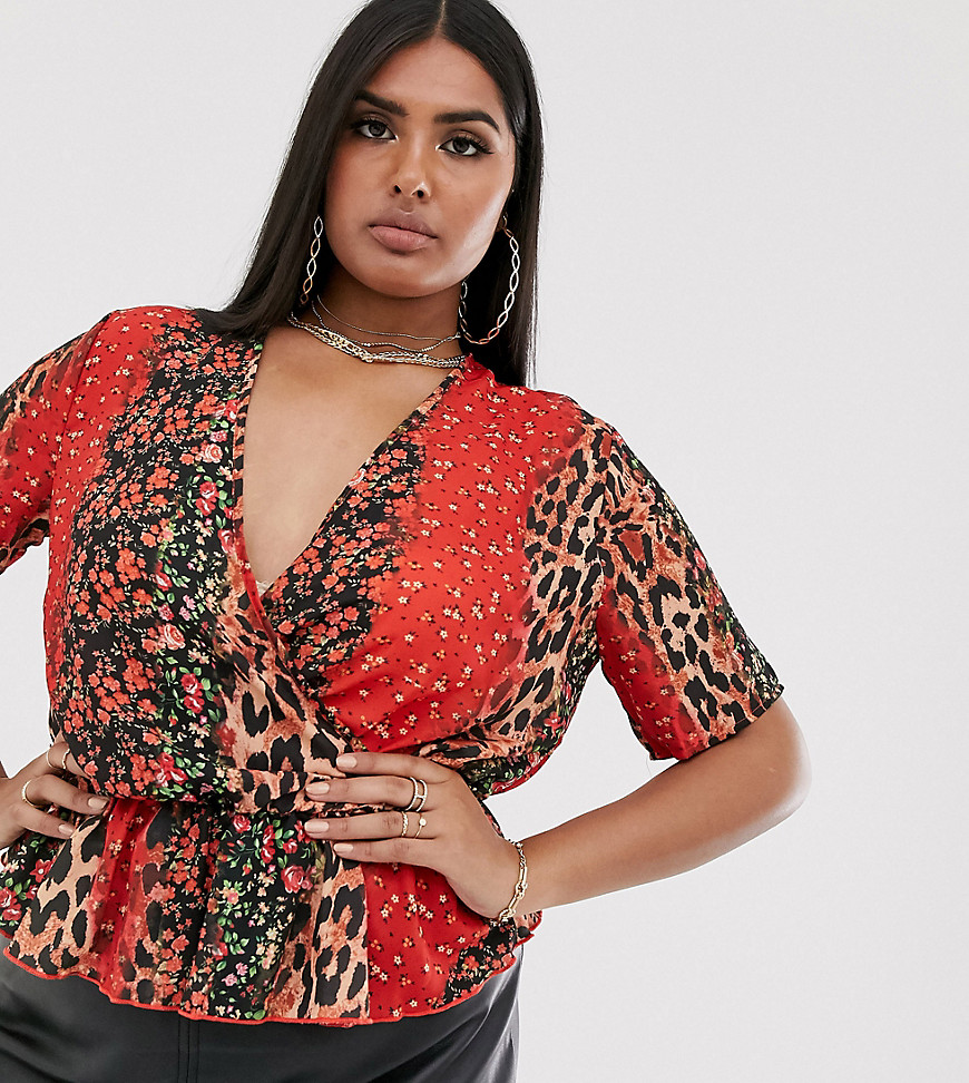 Missguided Plus Exclusive wrap top in floral and animal print