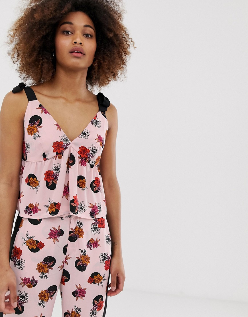Neon Rose cami top with contrast ties in spot floral co-ord