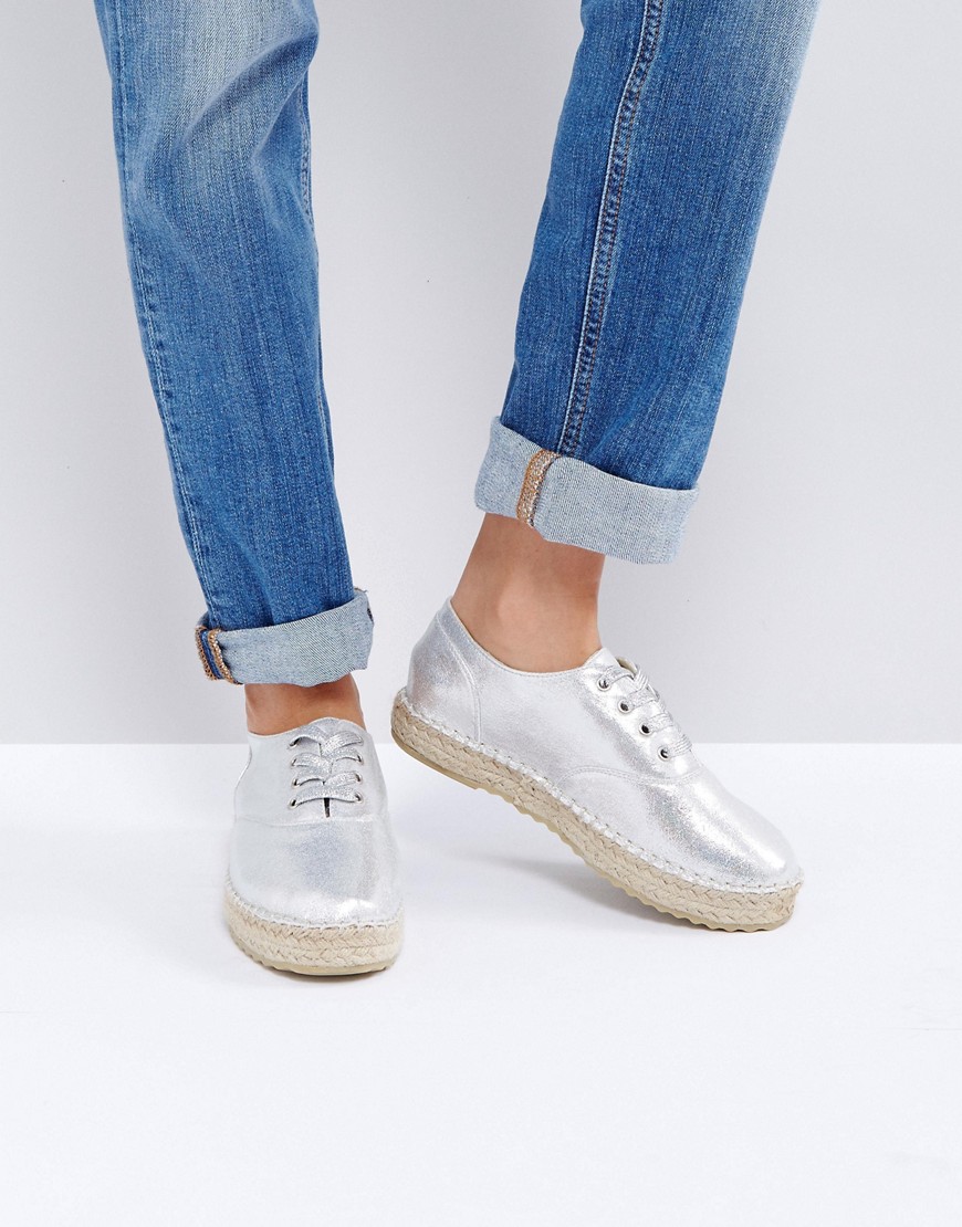 Truffle Collection Metallic Lace Up Espadrilles - Silver