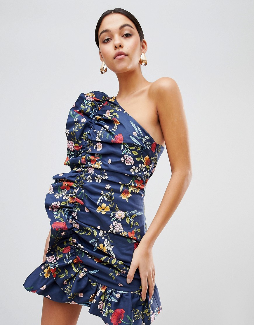 C/meo Collective One Shoudler Ruffle Dress - Navy floral