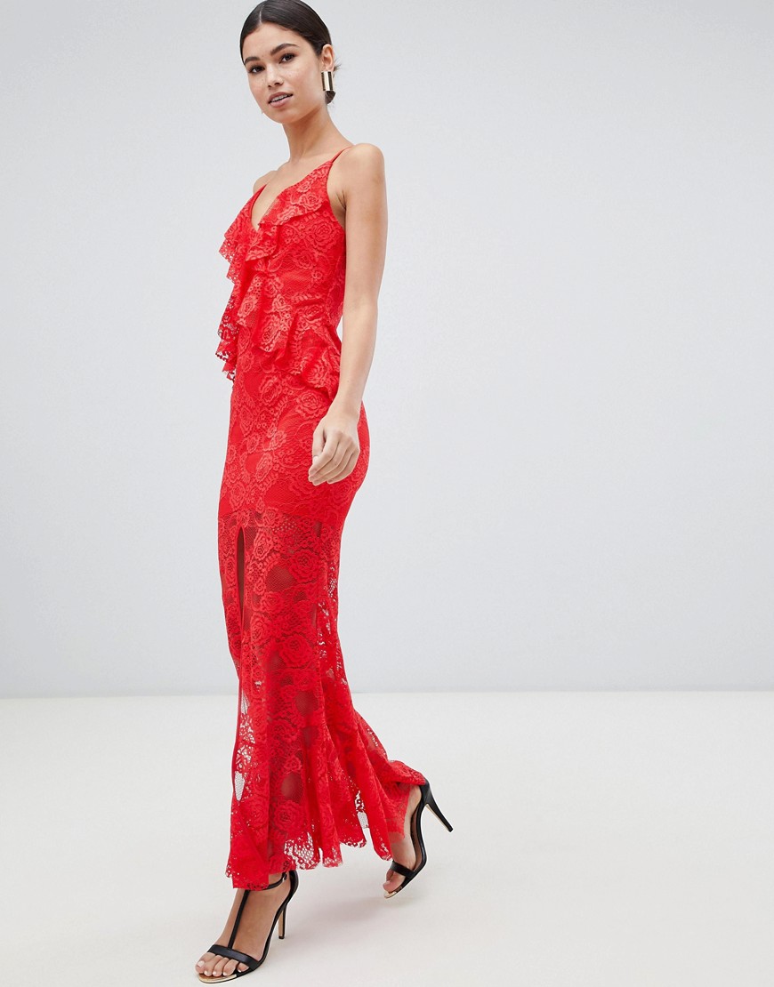 Love Triangle ruffle lace maxi dress with cross back in red