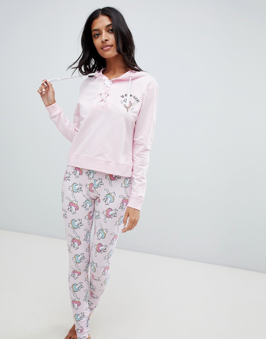 Пижамный комплект из свитшота с капюшоном и леггинсов ASOS - Розовый ASOS DESIGN 