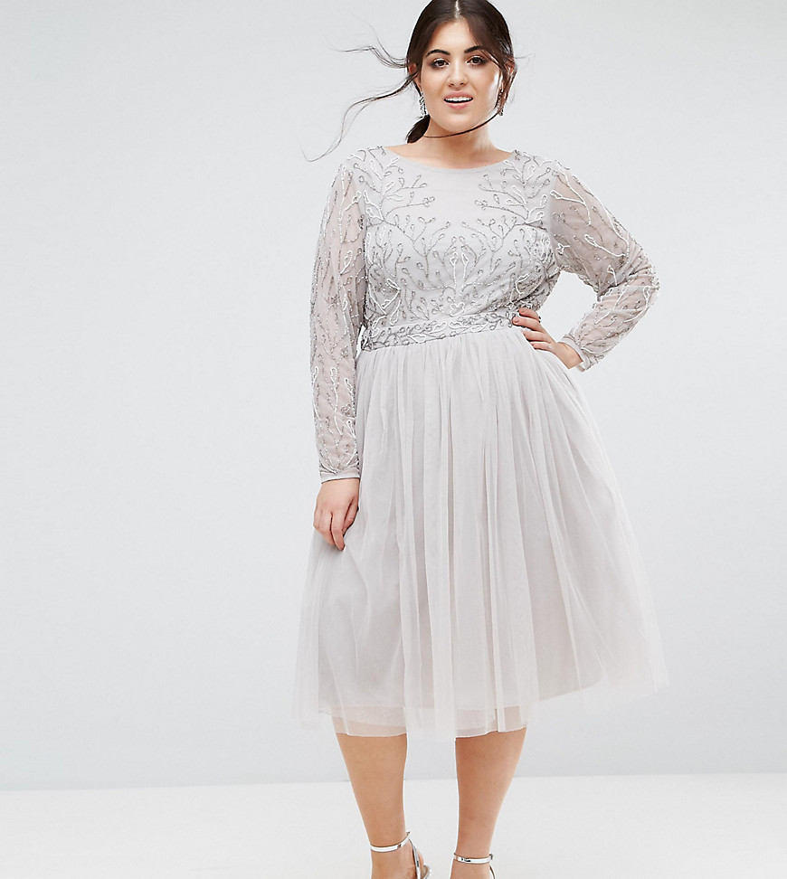 Lovedrobe Luxe Plus Embellished Skater Dress With Tulle Skirt - Light grey