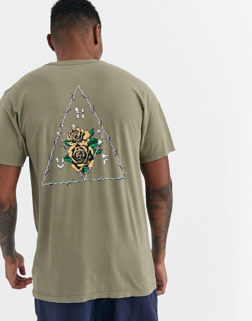 HUF Dystopia Triple Triangle t-shirt with floral back print in khaki