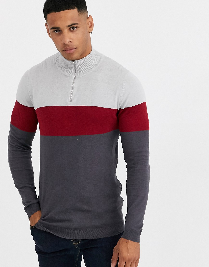 ASOS DESIGN knitted half zip jumper in grey stripe