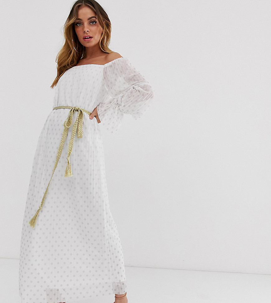 TFNC Petite bardot pleated foiled maxi dress in polka dot fabric