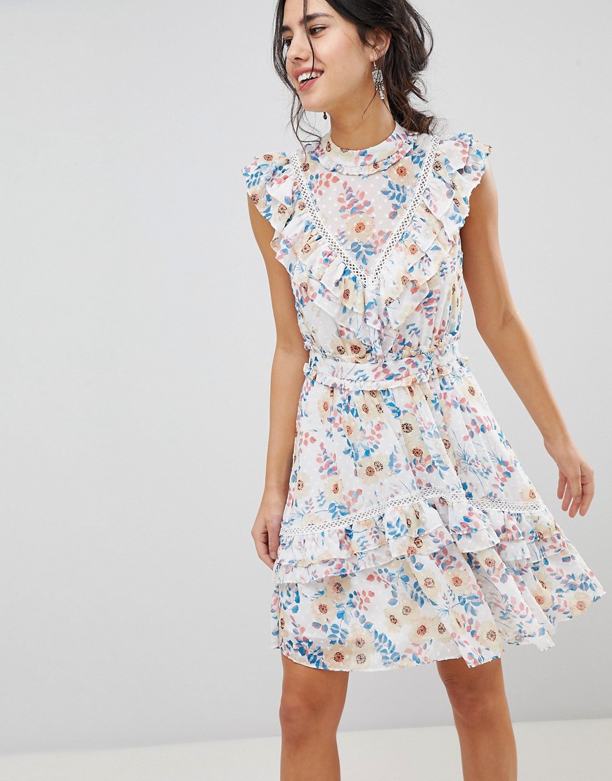 Forever New Floral Printed Mini Dress with Frill Detail and Lace Yolk - Floral print
