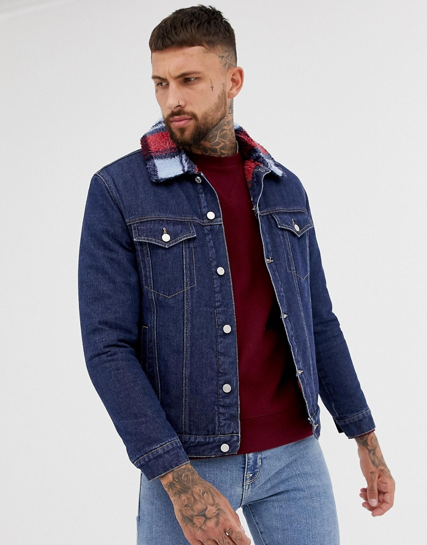 boohooMAN checked borg lined denim jacket in blue