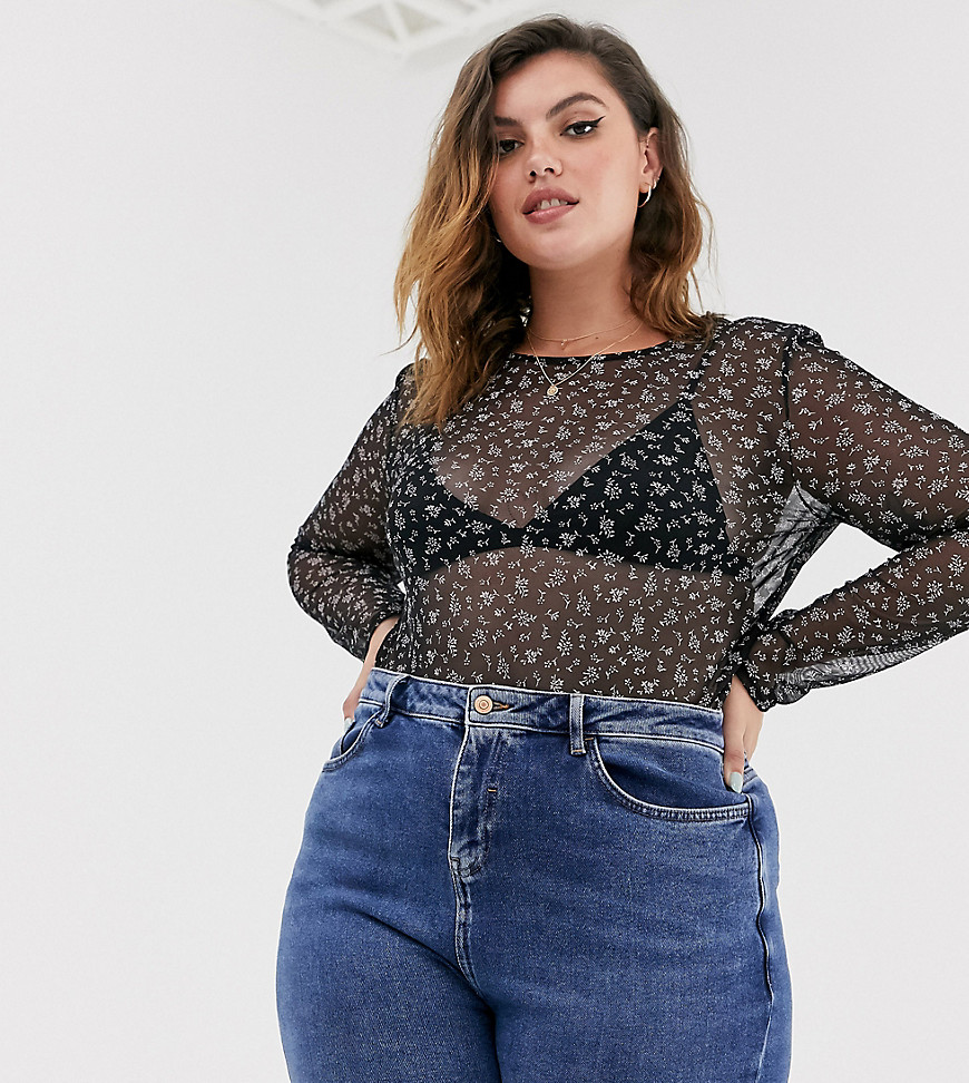 Wednesday's Girl Curve long sleeve top IN ditsy floral mesh