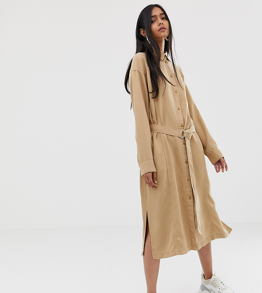 Weekday tie front shirt dress in camel