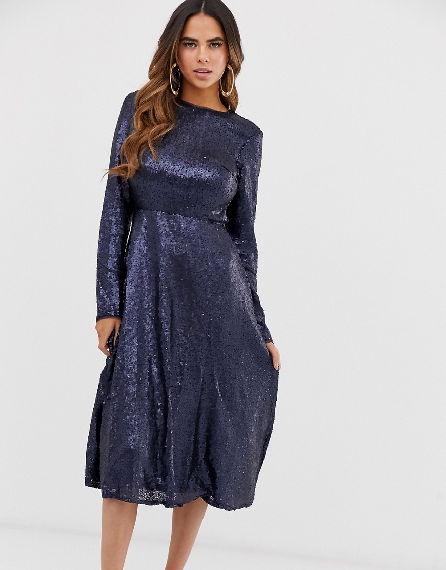 TFNC long sleeve fit and flare sequin midi dress in navy
